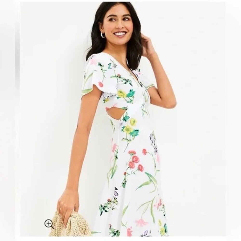 NWT LOFT | Dress | Botanical flower cutout side flutter dress white size 8